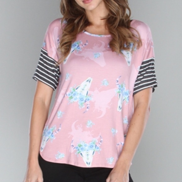 (Small) Mauve Mid Western Floral Cow Skull Top - Picture 1 of 5